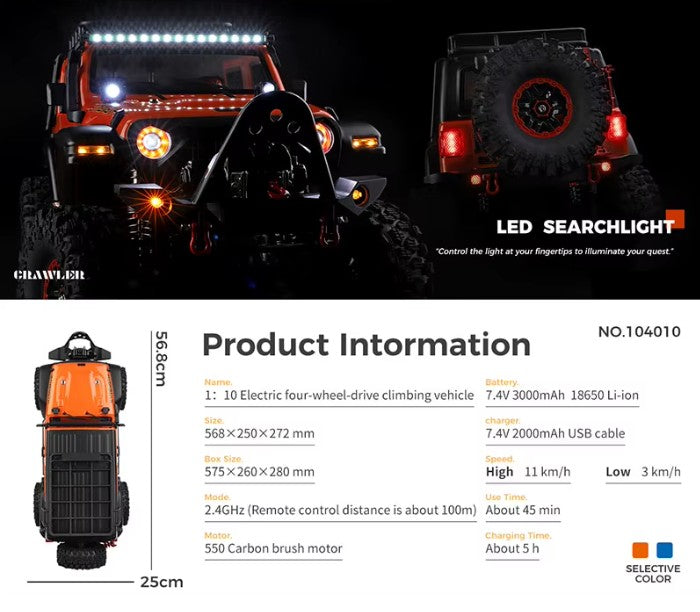 WL Toys Jeep Rubicon escala 1/10 4x4 crawler Azul con wincha funcional