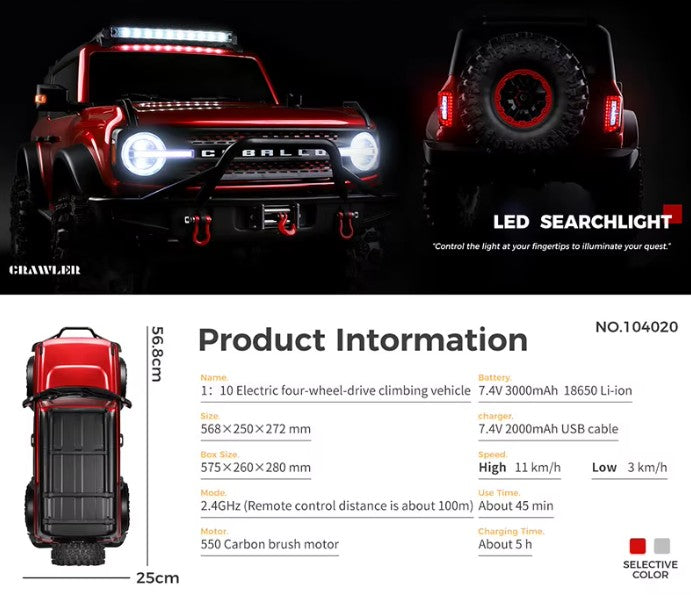 WL Toys Ford Bronco escala 1/10 4x4 crawler Rojo con wincha funcional