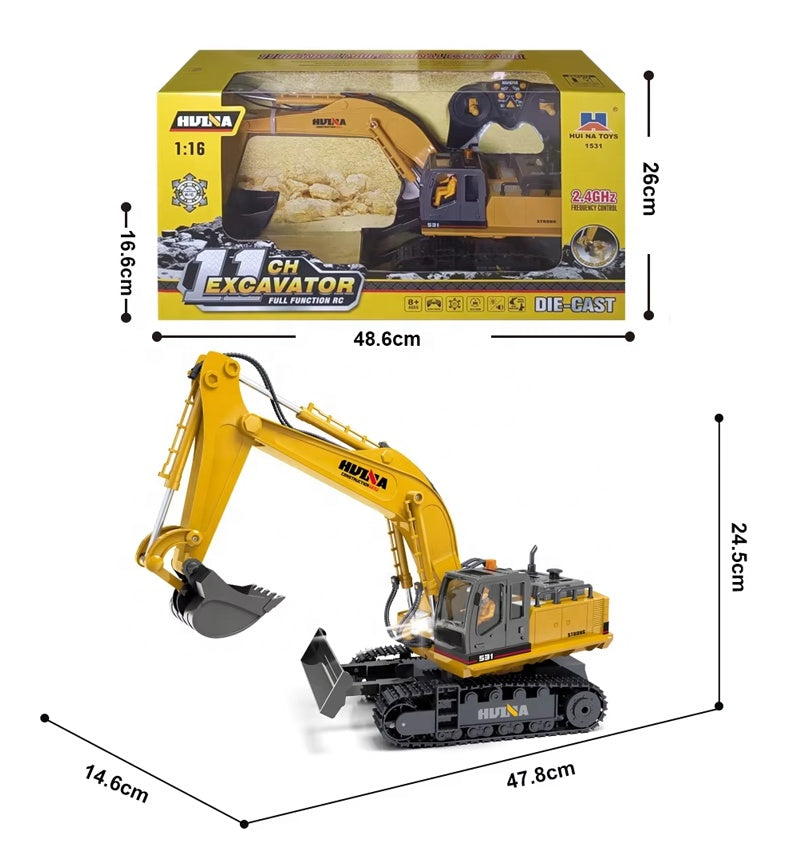 Huina Excavadora RC escala 1/16 11 Canales con Luz y Sonido